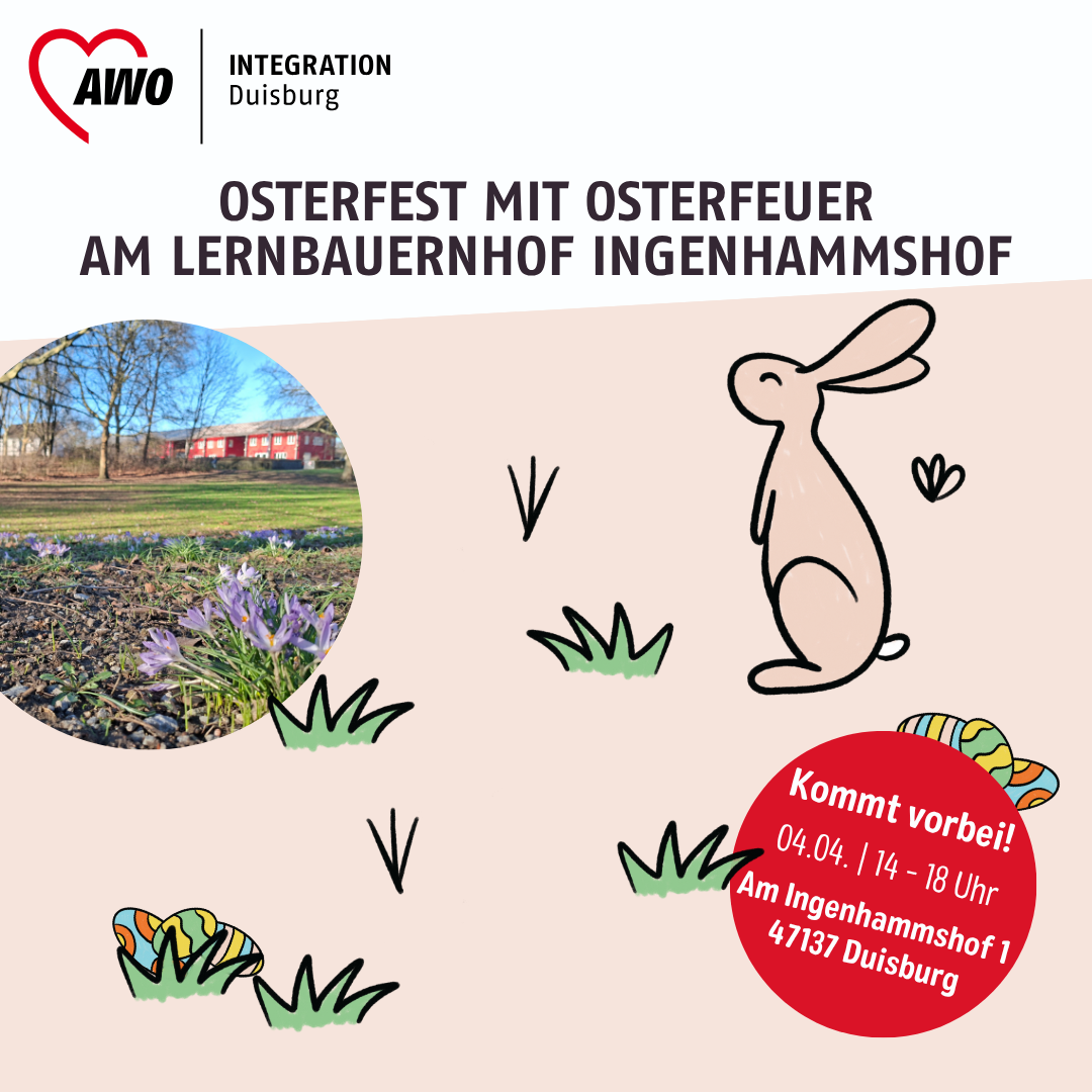 Jetzt vormerken 🥳: Osterfest mit Osterfeuer auf dem AWO-Ingenhammshof am Samstag, den 4. April, ab 14:00 Uhr⁠ 🐇 🧺⁠ ⁠